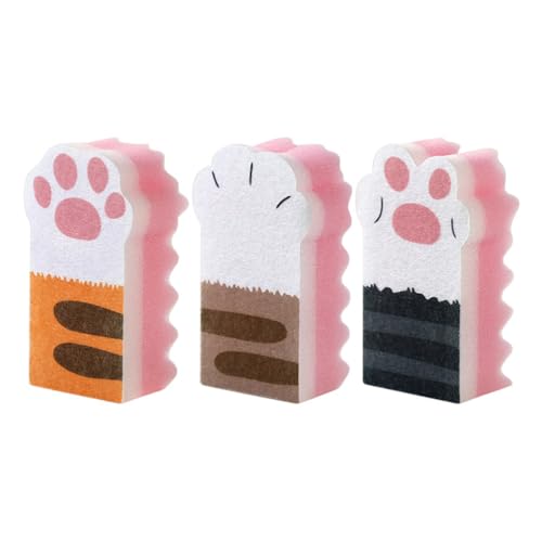 TOPBATHY Lot de 3 éponges de nettoyage épaisses en forme de chat pour la cuisine et le nettoyage des bols - Anti-rayures - Séchage rapide - Couleurs aléatoires