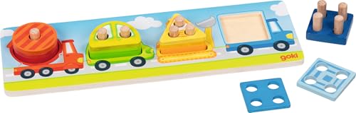 goki 58348 – Juego de clasificación de Formas de vehículos de Madera, Juego Educativo para niños para Promover Las Habilidades motoras, Aprender a apilar y asignar Formas y Colores, 30 cm x 10 cm,