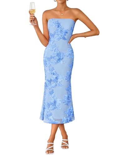 ZESICA Women's Summer Strapless Floral Midi Dress 2026 Bodycon Mesh Tube Wedding Guest Cocktail...