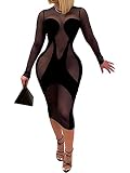 Uni Clau Women's Sexy See Through Velvet Patchwork Bodycon Dress Sheer Mesh Split Slim Bodycon Dress Midi Bodycon Party Dress Black L