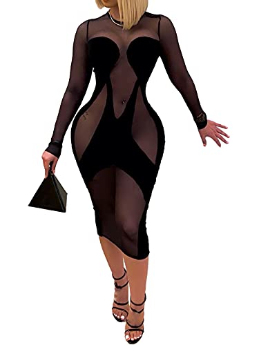 Uni Clau Women's Sexy See Through Velvet Patchwork Bodycon Dress Sheer Mesh Split Slim Bodycon Dress Midi Bodycon Party Dress Black S