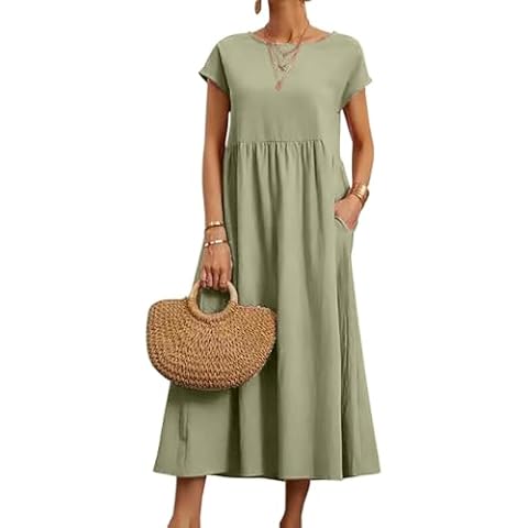 LBECLEY Women's Summer Dresses Casual Cap Sleeve Crewneck Maxi Dress Cotton Linen Flowy Boho Beach Sundresses with Pockets (01-Green, L) Cover