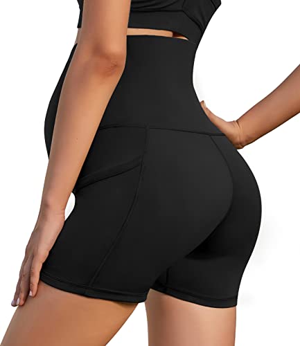 Xpenyo Women Maternity Yoga Shorts Pregnancy High Waisted Over Belly Workout Running Active Athletic Shorts Black, L #TOP4