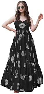 Kailsh Trends Women's Maxi Dress, Black with White Circular Print, Sleeveless A-Line Design Price In India