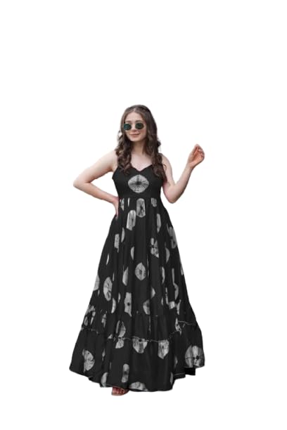 Kailsh Trends Women's Maxi Dress, Black with White Circular Print, Sleeveless A-Line Design