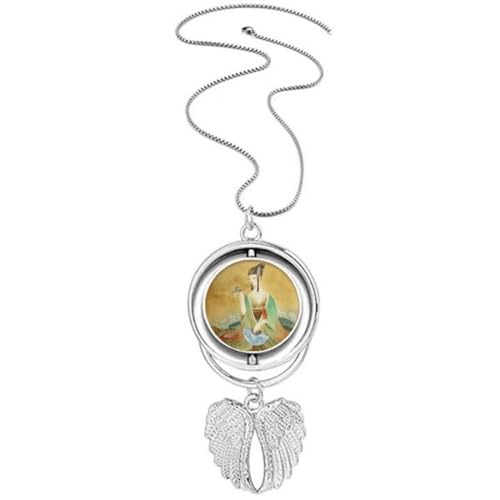 Collier pendentif ailes d'ange et illustration chinoise antique en métal ciselé