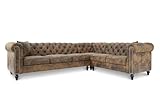Brown Faux Leather Chesterfield Corner Sofa 6 Seater 293 x 233 Cm - L Shaped Right Hand Corner Sofa Suite for Lounge Living Room Office Gentlemen’s Club , Solid Wood Frame Couch with Buttons & Studs ,