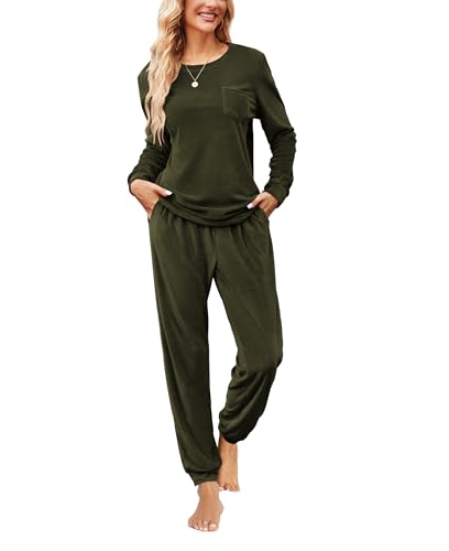 Ekouaer Womens Pajamas Sets Long Sleeve Soft Sleepwear 2 Piece Velvet Pjs Lounge Sets with Pockets