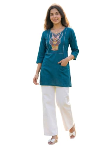 Image of Cotton Blend Embroidered Straight Kurta for Women | Cotton Blend | 3 /4 Sleeve | Round Neck V-Slit | Ethnic Wear Casual Wear