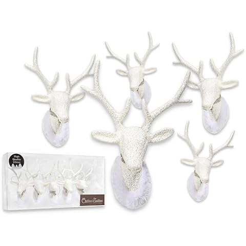 Christmas Traditions 6 inch Glittered Iridescent White Reindeer Head (Set of 5) Ornaments Hanging Tree Decorations (Platinum White) (Large) Cover