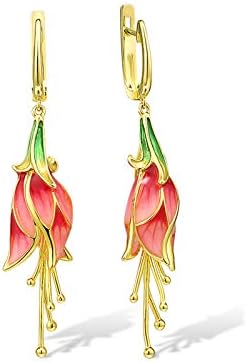 Santuzza Tulip Earrings 925 Sterling Silver Enamel Flower Dangle Earrings Handmade Fine Jewelry for Women (Red, Latch Back)