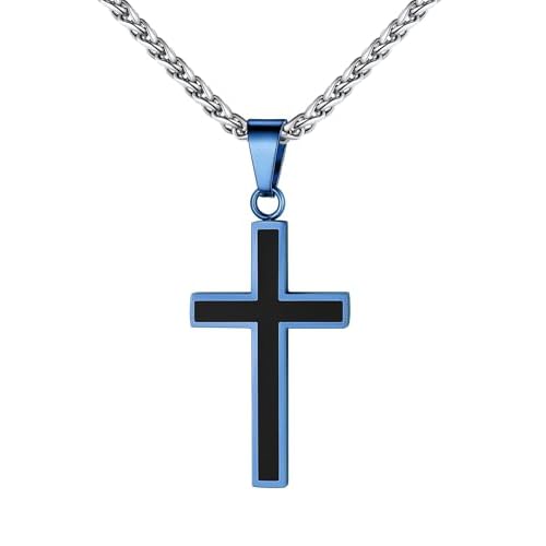 U7 Cross Necklace for Men, Stainless Steel Silver Black Gold Mens Cross Necklace, 22-24 Inches 1.blue