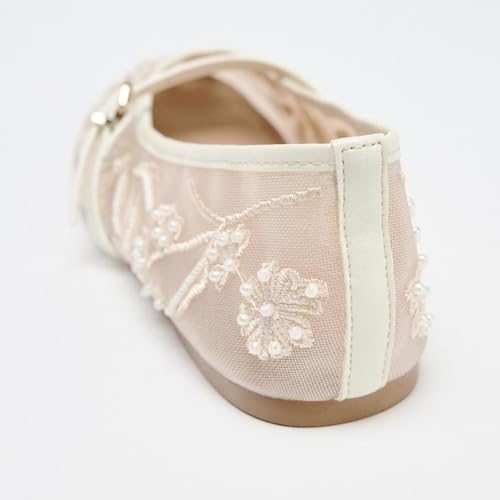 YIYA Women's White Floral Embroidered Mesh Ballet Flats with Pearl Studded Round Toe Ballerina Buckle Strap Comfortable Mary Jane Dress Shoes4