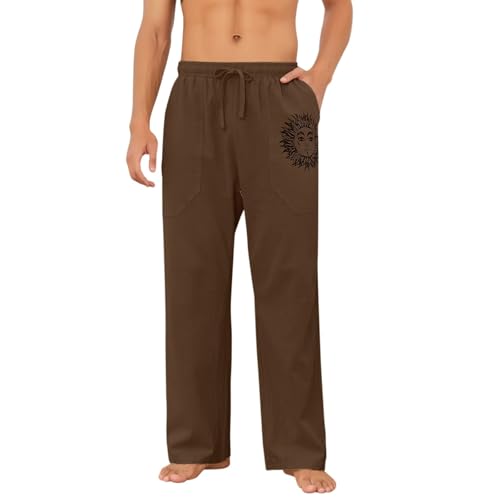Image of Puimentiua Cotton Linen Pants Men, Summer Beach Pants Loose Fit with Elastic Waist Drawstring