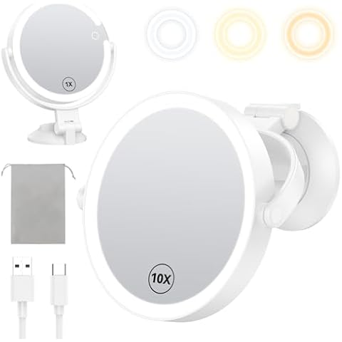Gospire 7” Wall Mounted Makeup Mirror with Lights and Magnification 10X, 3 Color Lighted Bathroom Mirror with Powerful Locking Suction Cup, Shaving Mirror for Men, Led Mirror for Desk - White Cover