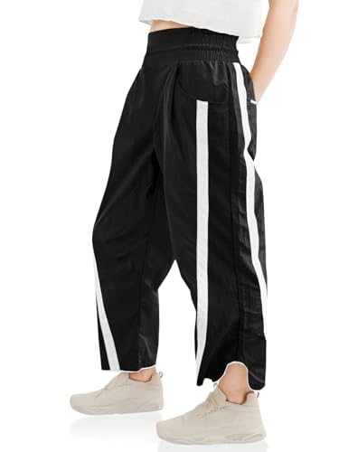 Seiciviy Girls Wide Leg Pants Kids Striped Elastic Waist High Waisted Track Pants with Pockets 7-14 Years Black