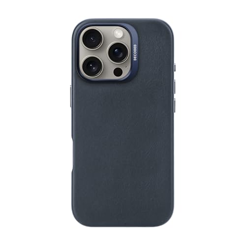 DECODED Étui en cuir pour iPhone 16 Pro, compatible MagSafe, cuir ECCO véritable de qualité supérieure, coque de protection intégrale, bords surélevés pour protéger l'écran et l'appareil photo, bleu