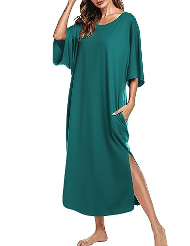 Image of Ekouaer Women's Nightgown Short Sleeve Sleepshirt Long Loungewear Casual Maxi Lounge Dress House Dresses with Pockets