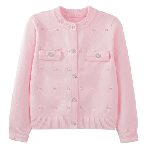 Image of Danny D Girls Beaded Knit Cardigan Solid Short Style Front Button Closure Sweater Long Sleeve Elegant Outwear Coat Jacket