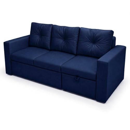 Image of FURNY Tira 4 Seater RHS Lounger Sofa Cum Bed (Dark Blue) with Pull-Out Function | Luxury Velvet Suede Finish | Durable Comfort | Ideal for Living Room
