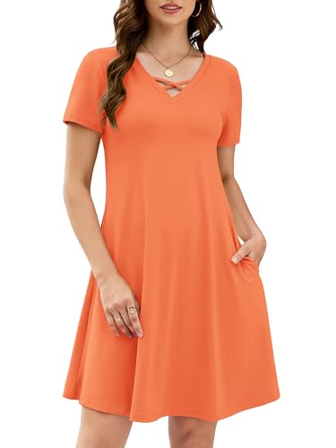 Image of KORSIS Women's Dresses Summer Casual T-Shirt Short Sleeve Criss Cross V Neck Swing Beach Vacation Sundress Dress with Pockets