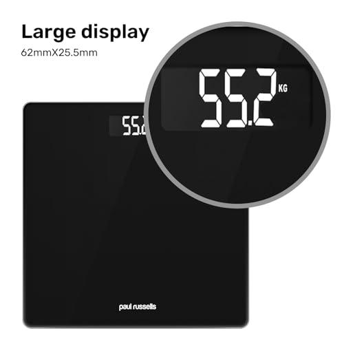 Paul Russells Digital Bathroom Scales for Body Weight, Glass Weighing Scale, High Precision Sensors Accurate Weight Machine, Batteries Included, 150kg/24st/330lb, Black - Image 3
