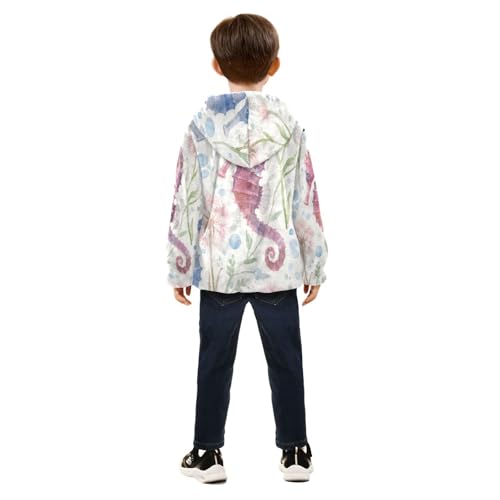 Seahorse Flowers and Blue Circles Toddler Fleece Jacket Girl Boys Hooded Fleece Jacket Coat Warm Outwear Zip-up 3-10T4