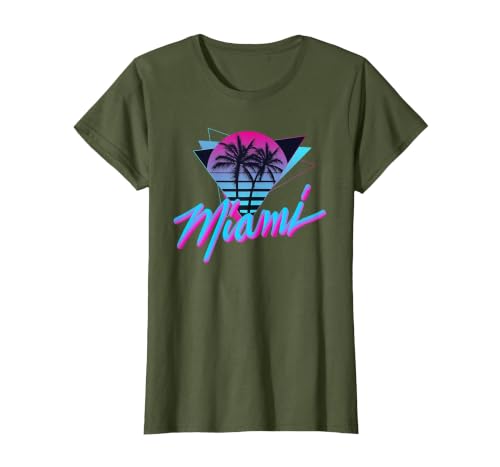 Miami - Palm Trees - Vaperwave Synthwave 80s Style Retro T-Shirt, Women, Olive Green, Large