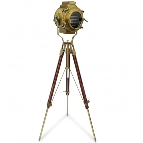 Vintage Nautical Spotlight Floor Lamp with Adjustable Wooden Tripod Stand