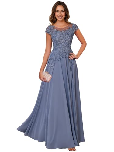 Image of Lace Applique Chiffon Mother of Bride Dresses - Short Sleeve Pleated Long Mother of The Groom Dress