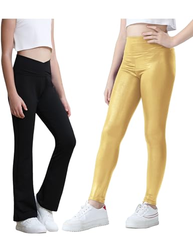 Bundle of Girls Flare Leggings Black Pink Crossover High Waisted Workout Running Dance Bootleg Yoga Pants