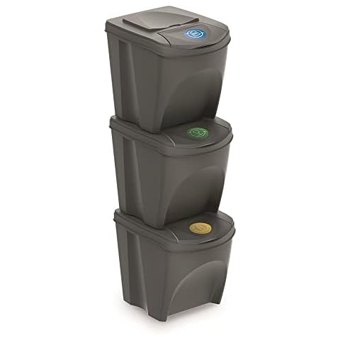 Prosperplast ZA906 Set of 3 Recycling Bins, Plastic, 25 Litres, 24 x 40 x 33.7 cm, Grey Cover