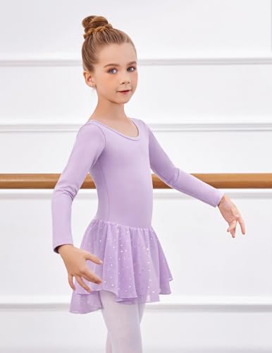 Image of Arshiner Girls Long Sleeve Ballet Leotards with Shinny Skirts Criss-Cross Back Dance Dresses