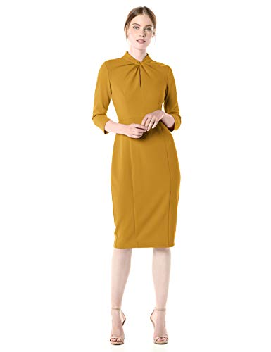 Donna Morgan Women's Stretch Crepe 3/4 Sleeve Twisted Neckline Sheath Dress, Marigold, 4 #TOP1