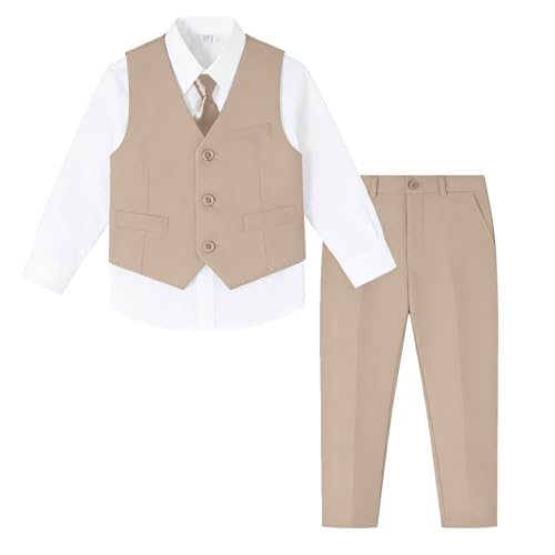 Image of Baby Boy Formal Suit for Toddler Infant Tuxedo Dress Suits | Little Gentleman, Wedding Ring Bearer Outfit, Vest Pants Long-Sleeve Shirt Tie, Birthday Party Christmas Prom, Classic