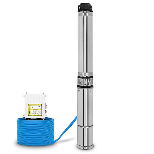 EBERTH 4' Tiefbrunnenpumpe Brunnenpumpe aus rostfreiem Edelstahl, Elektrisch 550W, Durchmesser Pumpe 4 Zoll (10cm), Anschlussgewinde 1 1/2 Zoll, Stromkabel 20m, Förderhöhe max. 43m, mit Schmutzsieb