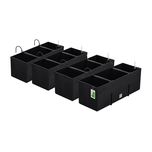 PAFEN 4X Blumenkasten Blumentopf Rattan-Optik mit Halterungen Pflanztopf Wasserstandsanzeiger Balkonkasten Pflanzkästen