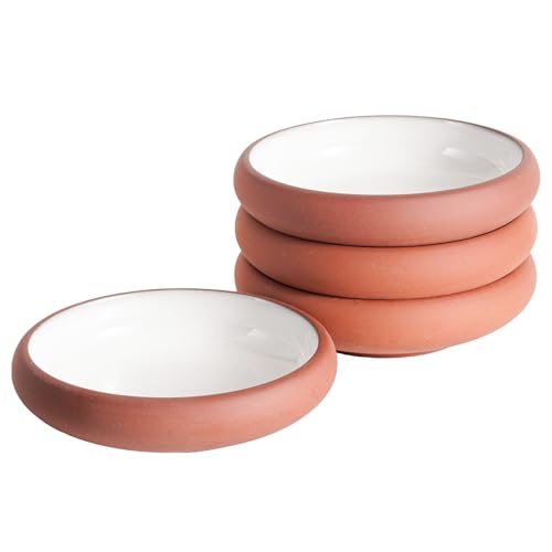 Uaral Japanese Salad Plate,Dinner Plates and Bowls Set,Stoneware Appetizer Plates with Rustic Terracotta Underside, Set of 4,5.5inch,14oz(Red and White)
