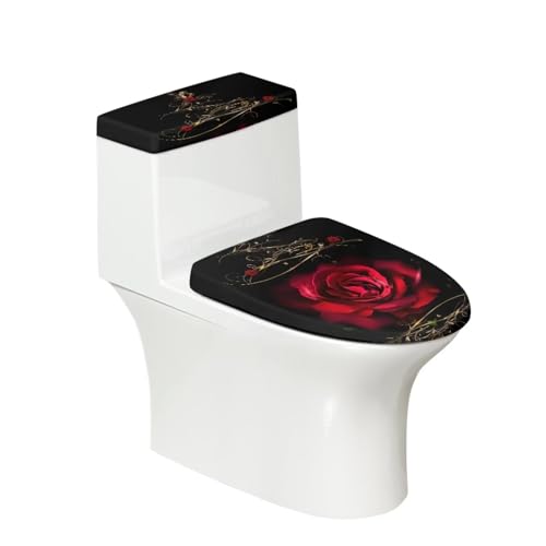 ZWPINITUP Red Rose Standard Toilet Seat Lid Cover, Comfy and Soft Wahable Toilet Lid Dust Cover Fits Polyester Tank Lid Cover