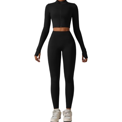 YILKOO Ensemble de Sport pour Femmes, Taille Haute Leggings+Gorge de Sport+Veste Zippée avec Trous pour Les Pouces, 3PCS Sexy Yoga Survêtements (Black,X-Large)