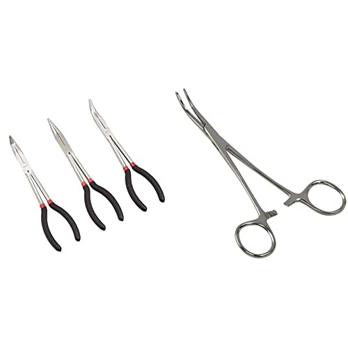Amazon Basics Long Reach Pliers Set - 3-Piece & Briggs Precision Kelly Forceps Locking Tweezers Clamp, Silver, Curved, 5-1/2 Inch #TOP19