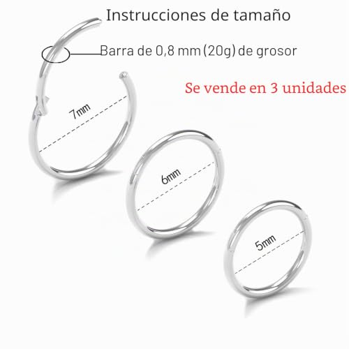 Miniatura 2 de Newkeepsr 3pcs-0.8mm Piercing Nariz Titanio Con Bisagras Clicker Segmento Anillo De Aro De Nariz Sin Costuras, Cartílago Sleeper Tragus Pendiente Para Mujeres-5 6 7mm