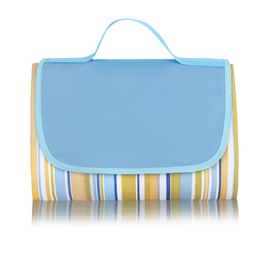 Hi Space Picnic Outdoor Blankets Waterproof Foldable Extra Large Picnic Mat Sandproof Beach Blankets for Grass Lawn Park Camping Family Concert, Blue Striped, 80