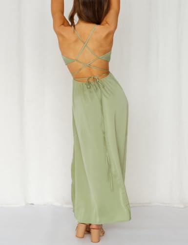Image of Women's Satin Cowl Neck Backless Maxi Dress Sexy Tie Back Spaghetti Strap Ruched Wedding Guest Slit Long Dresses