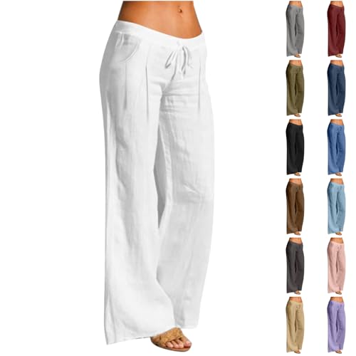 Bacrelax Linen Pants Women,Wide Leg Elastic Low Waist Drawstring Cotton Linen Pants Summer Casual Lightweight Trouser Pockets White