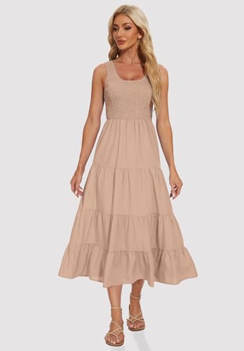 Image of Women's Summer Smocked Maxi Dresses Sleeveless U Neck Ruffle Hem Tiered A Line Flowy Dress