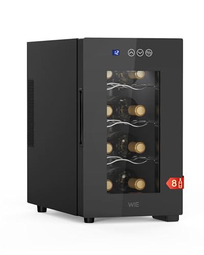 WIE Weinkühlschrank 8 Flasche Getränkekühlschrank 23L Weinschrank Klein 5-18°C Wein-Kühlschrank mit Glastür Vollglas-Designtür LED Touchpanel Anti-UV Mini Wine Fridge