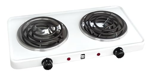 Bene Casa Double Electric Burner in White, Double Burner coils, Portable Double Electric Burner, Dual Controls, Stainless Steel Drip Tray.