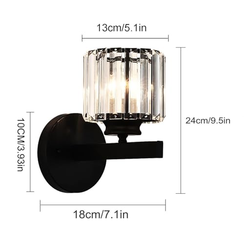 Retro Crystal Wall Light Sconce, E27 Modern Black Crystal Wall Lamp, Hardwired Wall Lighting Fixtures for Bedside Bedroom Living Room Corridor Dining Room Hallway (Black Round)