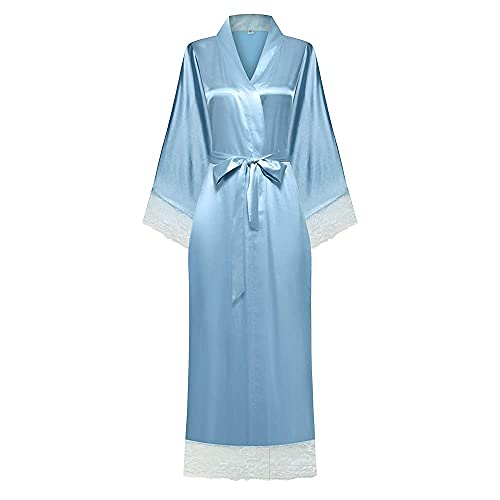 BuyChic Women's Satin Kimono Robe Long Lace Trim Bathrobe for Bridesmaid Wedding Party,Light Blue